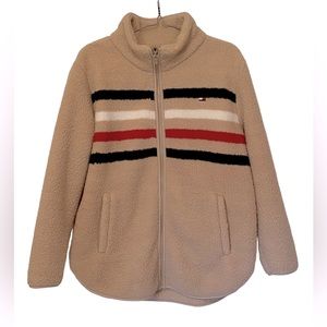 Tommy Hilfiger Essential Stripe Beige Faux Fur Sherpa Zip Jacket Coat Size XL